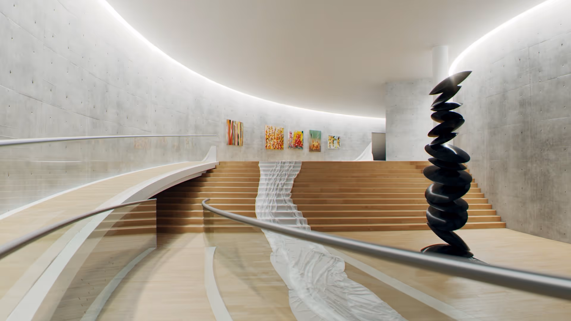Bright curved gallery with a central sculpture